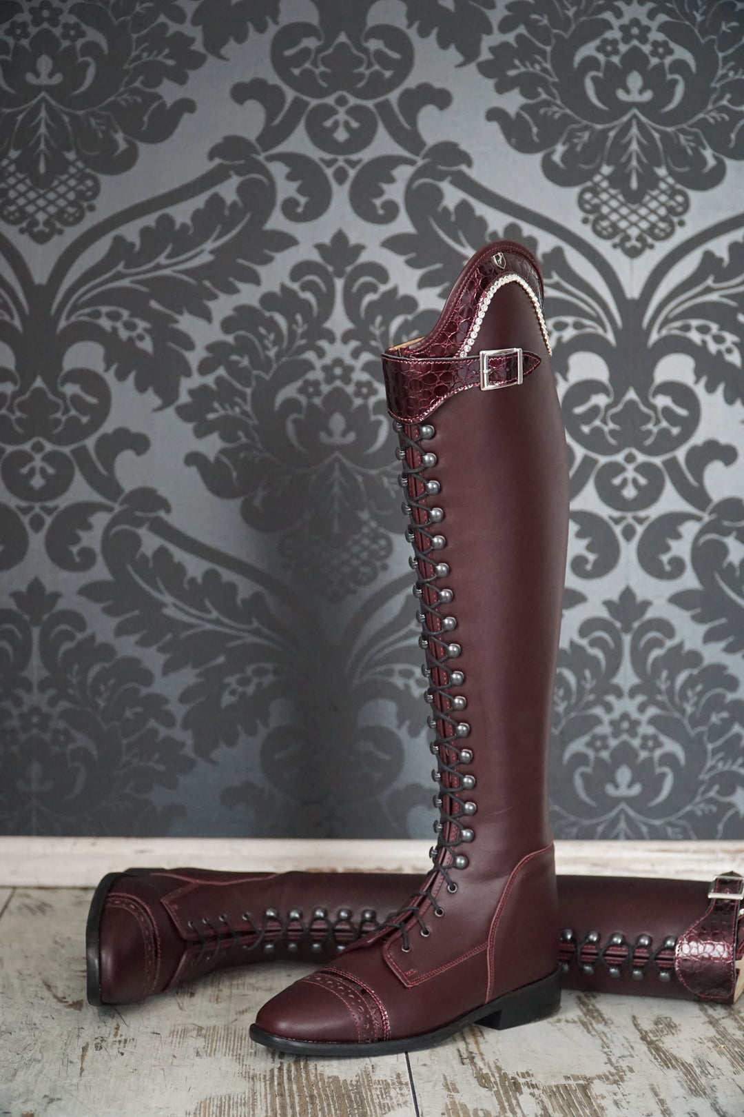 Reitstiefel Modell Habanero mit Schnürung - Weinrot mit Glitzer