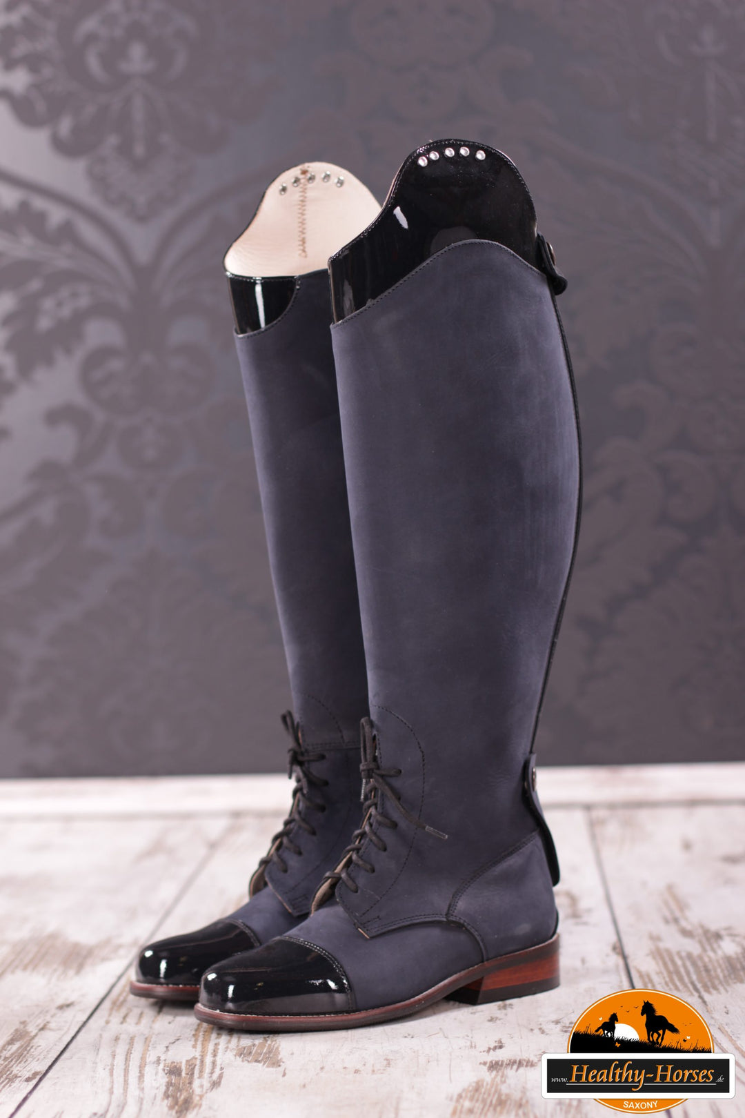 Reitstiefel Modell Deluxe - Wildleder Blau mit Lack und Glitzer
