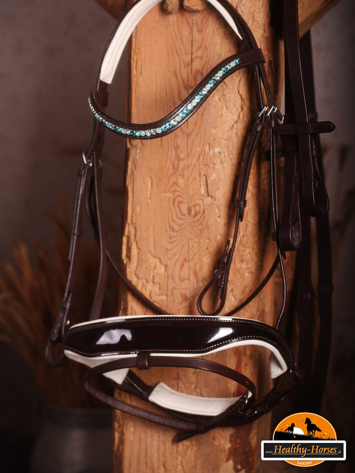 Healthy Horses Trense Nasenriemen Swarovski Stirnband Stirnriemen Konfigurator Konfigurieren Unterlegt Lack Braun Scaled